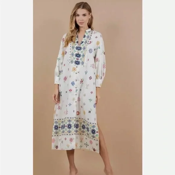 ZARA Oversized Linen Blend Floral Print MIDI Kaftan Dress White Large - Picture 1 of 13